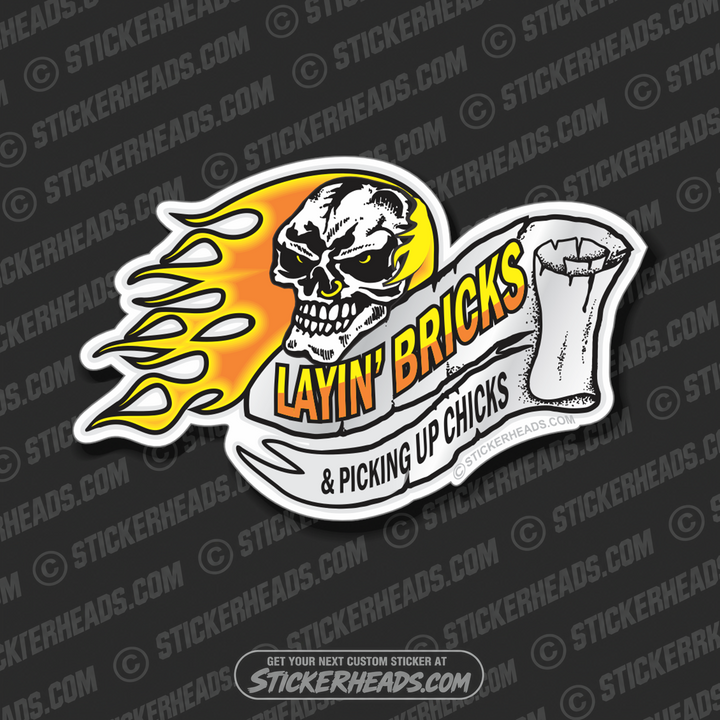 Layin' Bricks & Picking up Chicks - Skull & Scroll - Concrete Brick Mason Sticker