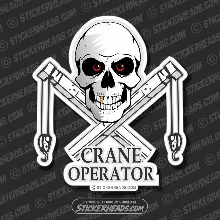 Skull With Crossed Boom Cranes & Hook - Crane Operator Sticker