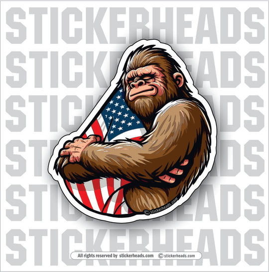 Bigfoot Hugging USA Flag - sasquatch Funny Misc Union Flag Sticker