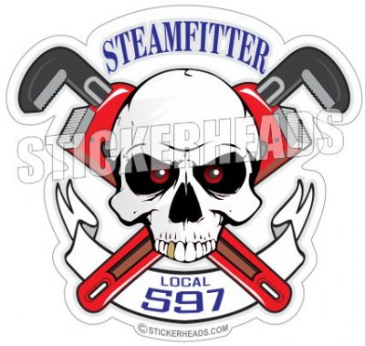 Skull with pipe wrenches and banner - custom text - Steamfitter Steamfitters Sticker