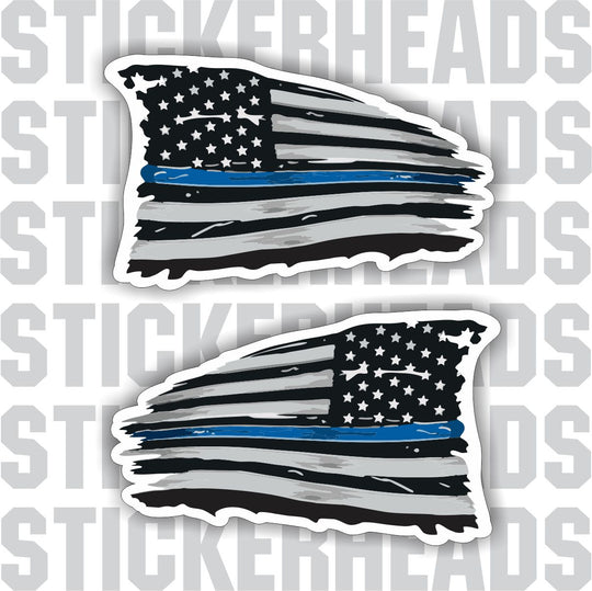 Blue Line POLICE - Law Enforcement - Flying American Flag Distressed - USA Flag Sticker