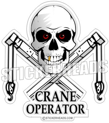 Skull With Crossed Boom Cranes & Hook - Crane Operator Sticker
