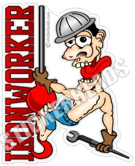 Cartoon Guy hanging on Ball & Hook - Ironworker Ironworkers Iron Worker Sticker
