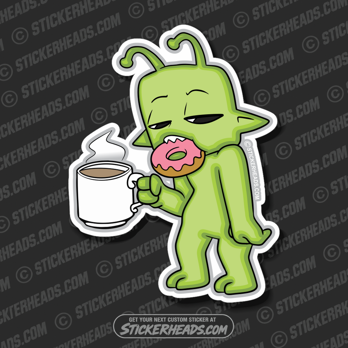 Alien with coffee and donuts - Funny Sticker