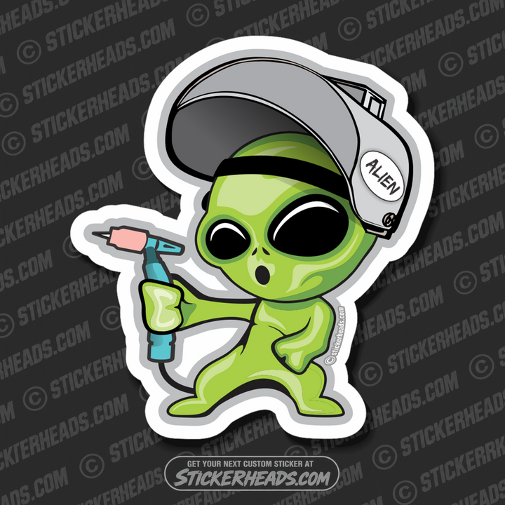 ALIEN WELDER - ALIEN LITTLE GREEN CARTOON  -  TIG Weld Welder Sticker