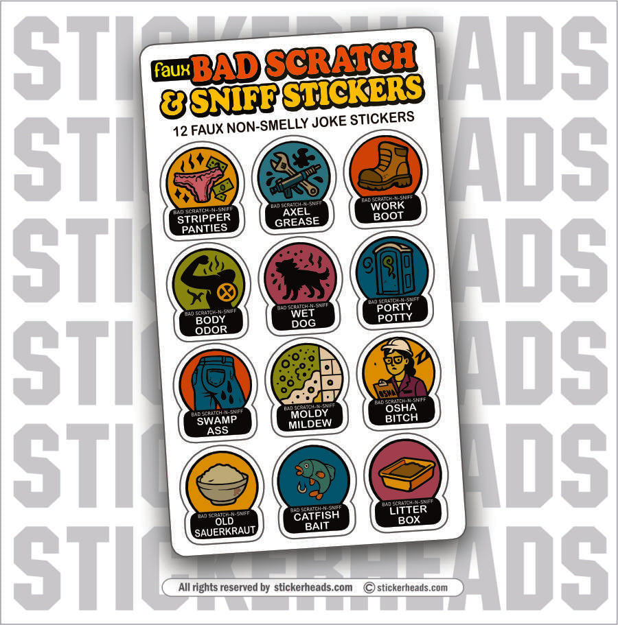 BAD SCRATCH-N-SNIFF STICKERS - Work Job Funny Sticker 12 Pack