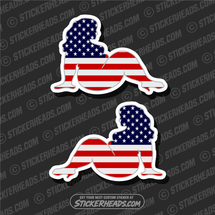 BIG CHUNKY USA MUD FLAP GIRLS Sexy Trucker Chick - American Flag  ( 2 stickers Left and Right ) - USA Flag Sticker
