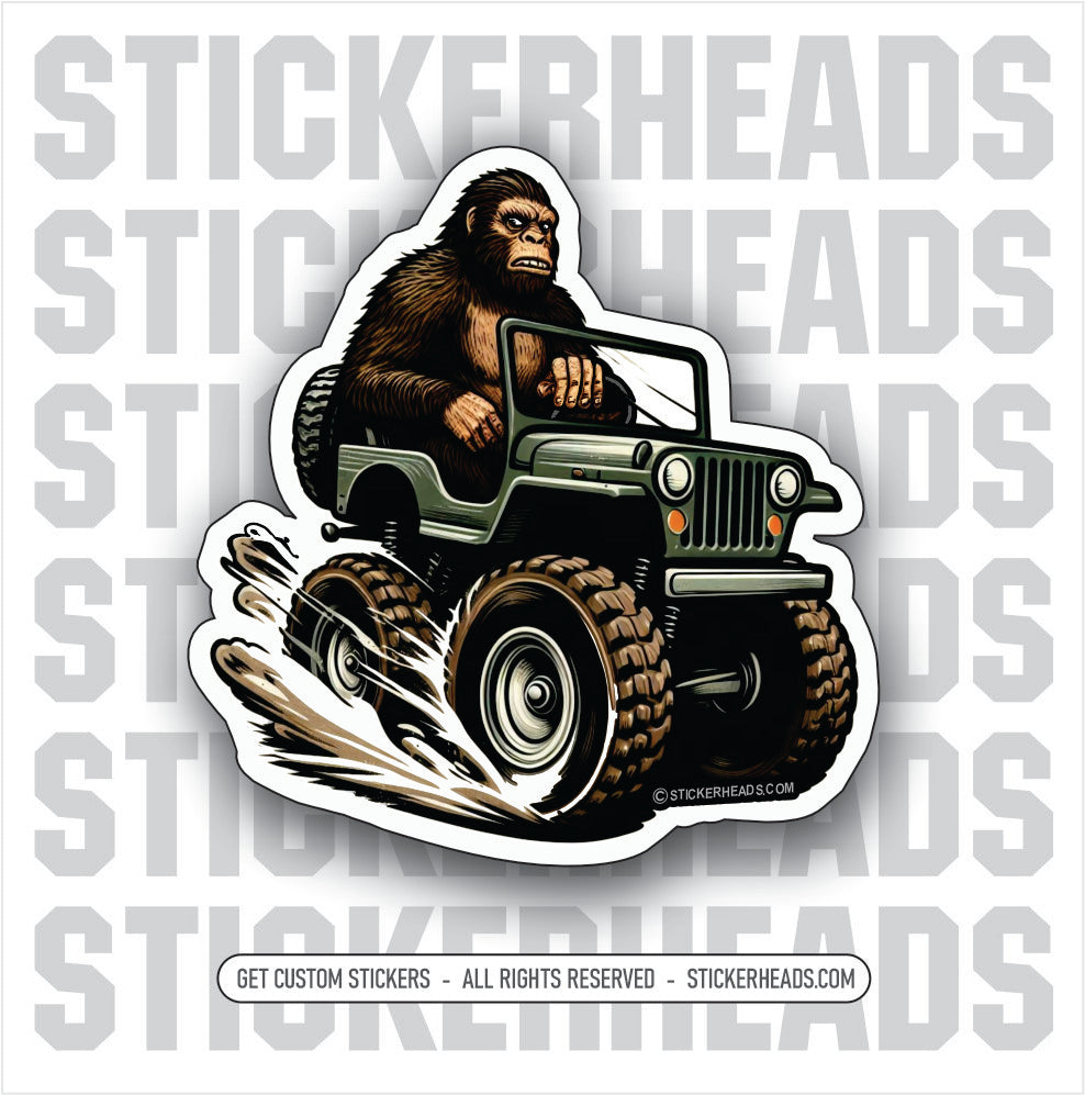 BIGFOOT DRIVING A JEEP -   sasquatch Funny Work Sticker