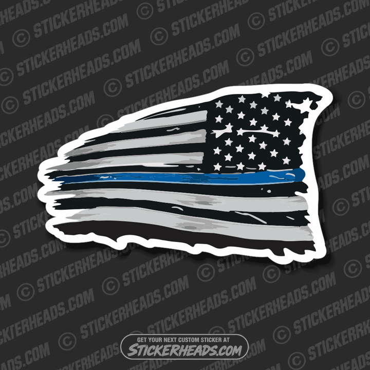 Blue Line POLICE - Law Enforcement - Flying American Flag Distressed  - USA Flag Sticker