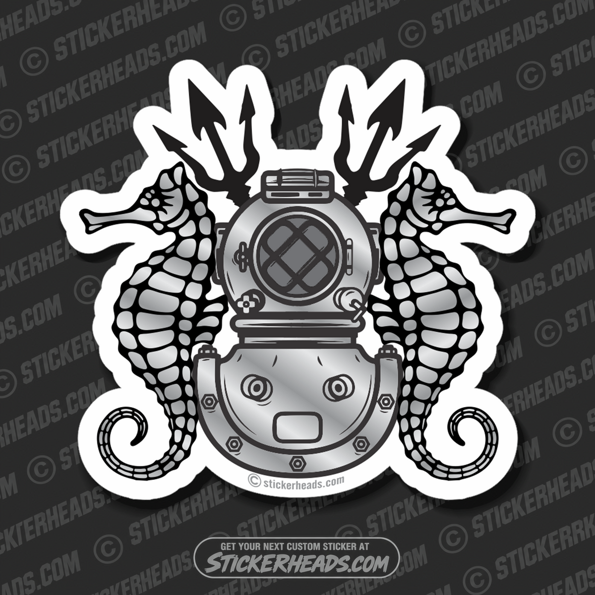 Diver Helmet with Sea horses & Tridents - Commercial Diver Sticker