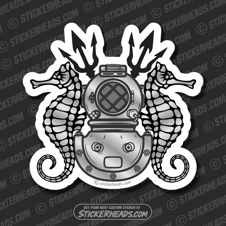 Diver Helmet with Sea horses & Tridents - Commercial Diver Sticker