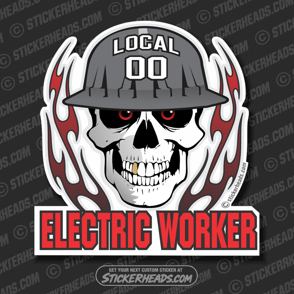 Skull With Flames - Electric Worker - Skull - Custom Text -  Electrical Electric Sticker