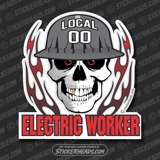 Skull With Flames - Electric Worker - Skull - Custom Text -  Electrical Electric Sticker