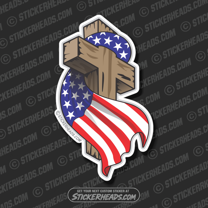 Wooden Cross With Flag  - USA Flag Sticker