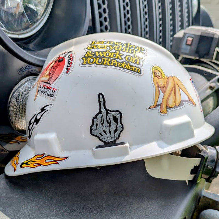 SKELETON FLIP OFF HAND FOR HARD HAT - Work Union Misc Funny - Guy Gifts - Man Cave Shit