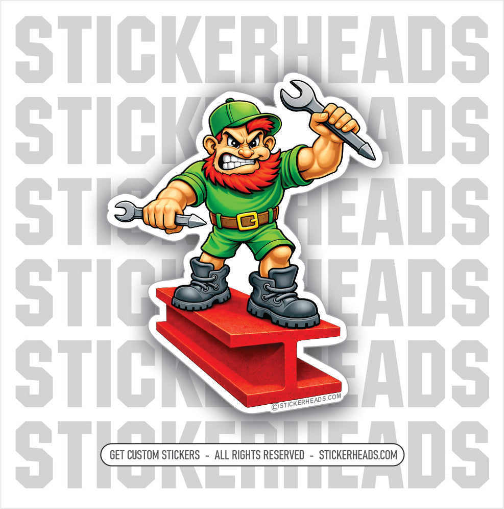 Irish Guy on I-Beam With Spuds DESIGN #2  -  Ironworker Ironworkers Iron Worker Sticker
