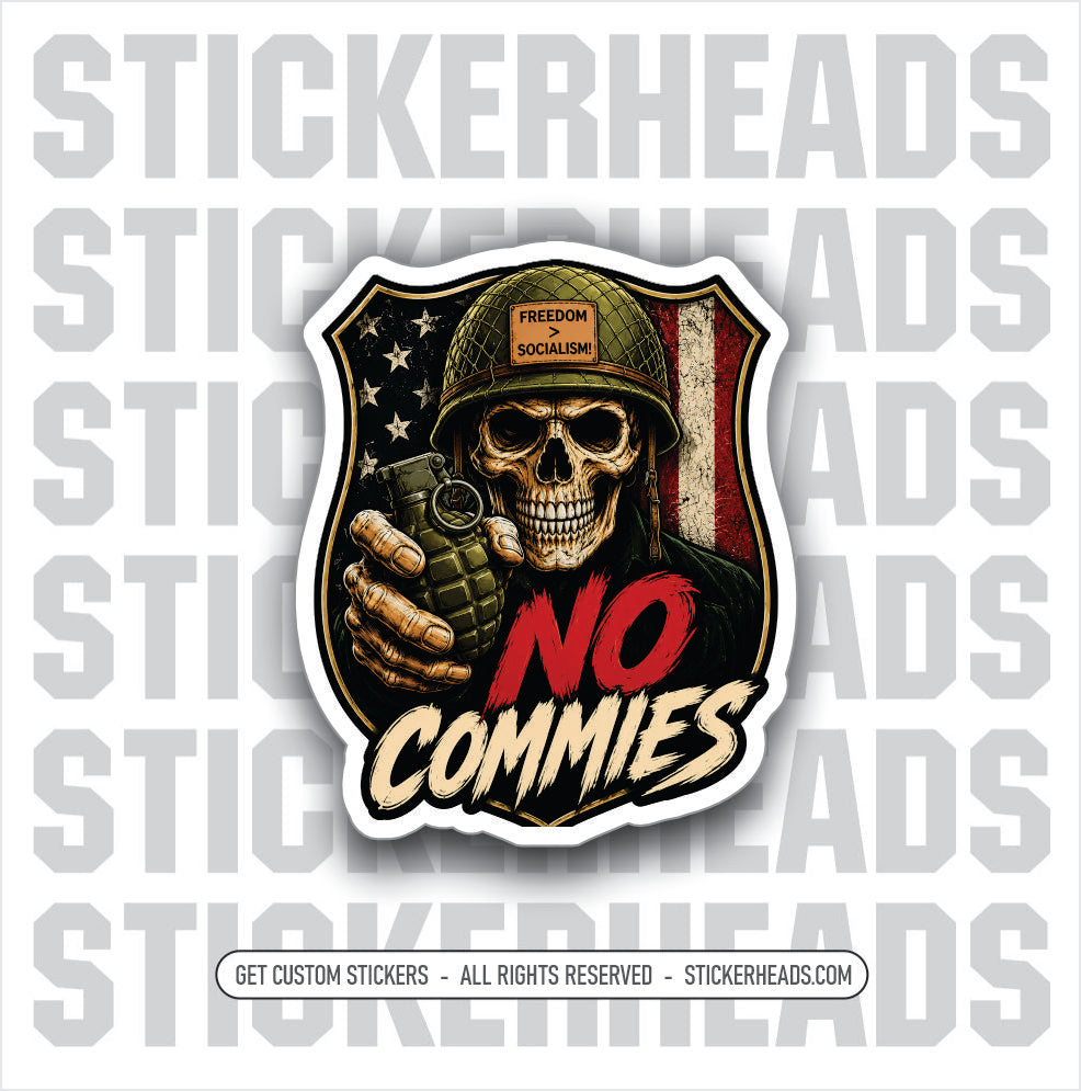 NO COMMIES - SKULL WITH GRENADE - Funny Work Misc Political Sticker