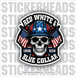 RED WHITE & BLUE COLLAR SKULL - Funny Sticker Work Union Misc