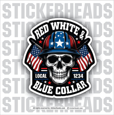 RED WHITE & BLUE COLLAR SKULL - Funny Sticker Work Union Misc