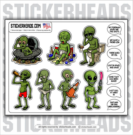 7 CRAZY ALIENS PACK - WITH CUSTOM SPEECH / THOUGHT BUBBLES  - WORK MISC Funny Sticker