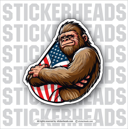 Bigfoot Hugging USA Flag -  sasquatch Funny Misc Union Flag Sticker