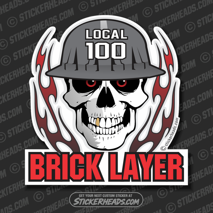 Skull With Flames -  Bricklayer - Custom Text - Concrete Brick Mason Sticker