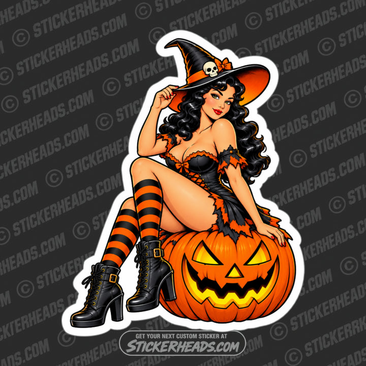 CUTE WITCH SITTING ON PUMPKIN FACE   -  SEXY GIRL HALLOWEEN