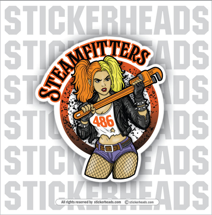SEXY GIRL WITH HUGE PIPEWRENCH - Steamfitter Steamfitters Sticker