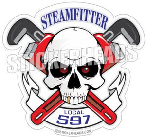 Skull with pipe wrenches and banner - custom text  - Steamfitter Steamfitters Sticker
