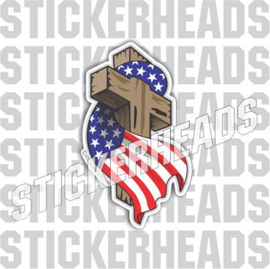 Wooden Cross With Flag  - USA Flag Sticker