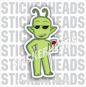 Female Alien with glass of wine - Funny Sticker