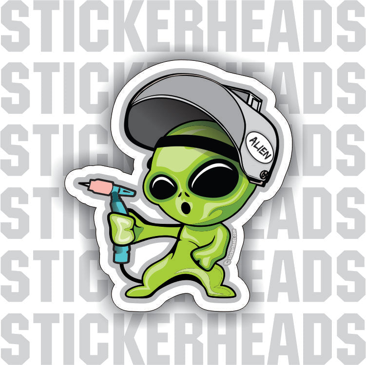ALIEN WELDER - ALIEN LITTLE GREEN CARTOON  -  TIG Weld Welder Sticker