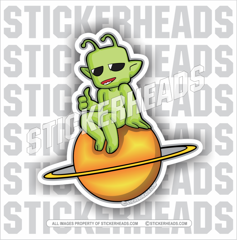 Alien sitting On Saturn Planet - Funny Sticker