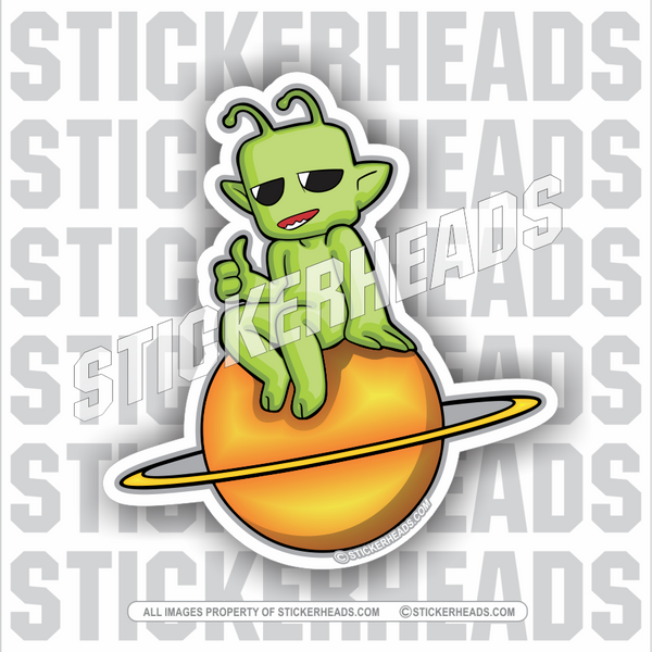 Alien sitting On Saturn Planet - Funny Sticker
