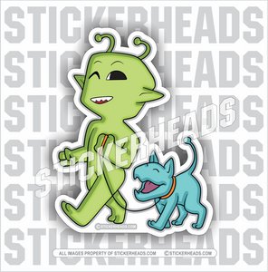Alien walking alien dog - Funny Sticker