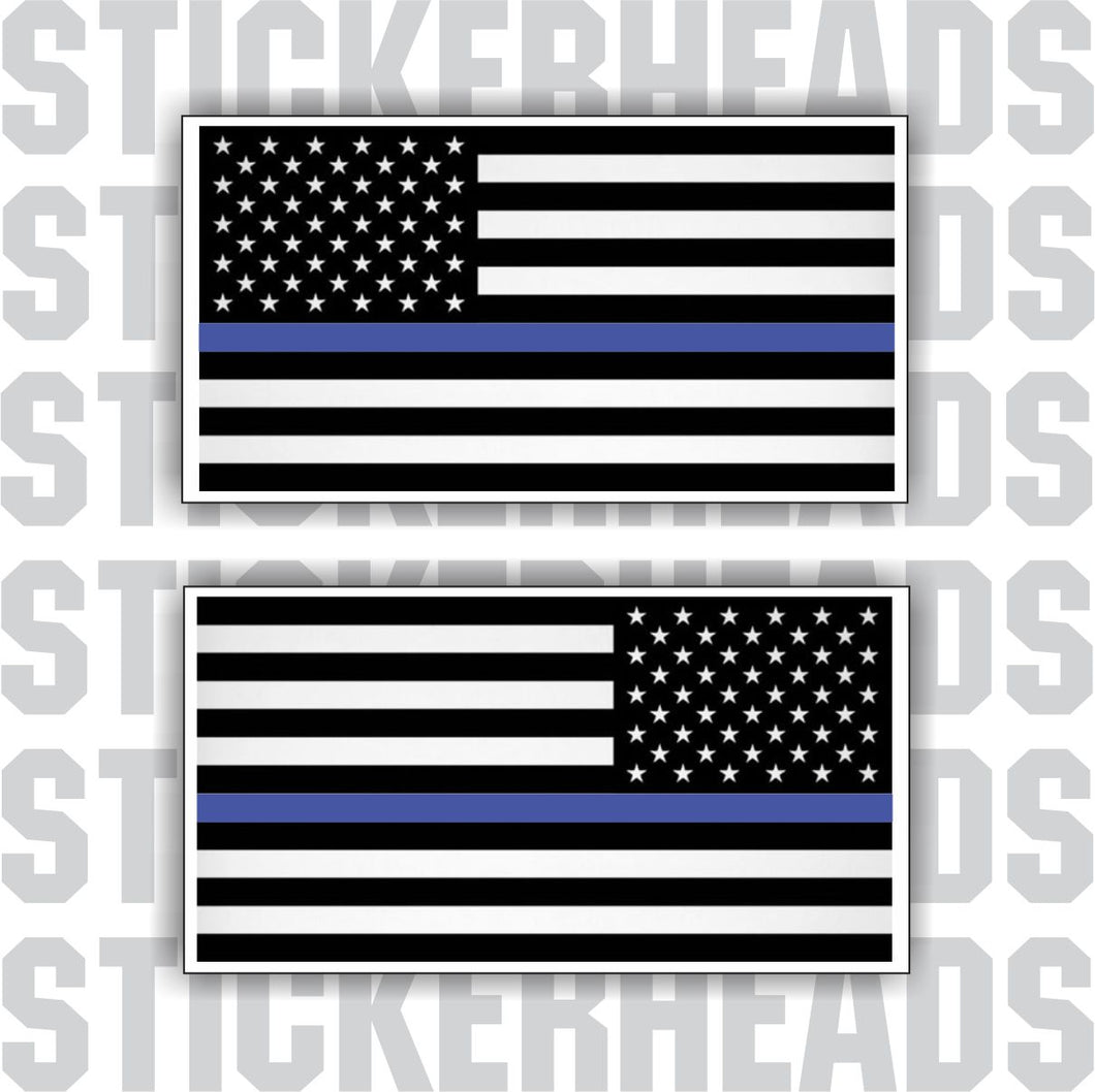 Blue Line POLICE - Law Enforcement - Flying American Flags  - USA Flag Sticker