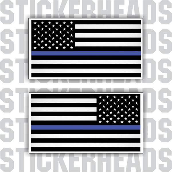 Blue Line POLICE - Law Enforcement - Flying American Flags  - USA Flag Sticker
