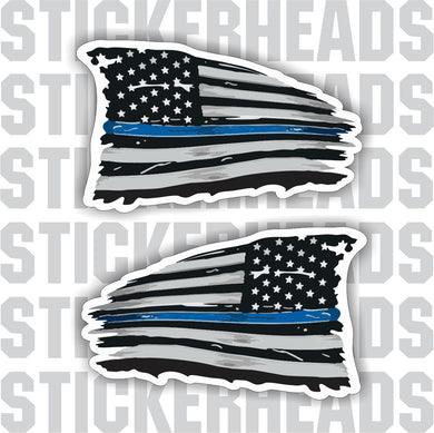 Blue Line POLICE - Law Enforcement - Flying American Flag Distressed  - USA Flag Sticker