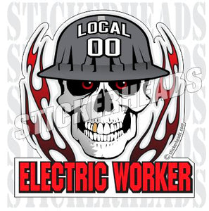 Skull With Flames - Electric Worker - Skull - Custom Text -  Electrical Electric Sticker