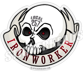 Ironworker Skull With Round Banner - Custom Text -  Ironworker Ironworkers Iron Worker Sticker