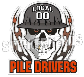 Pile Drivers Skull With flame - Custom Text - Skull Sticker