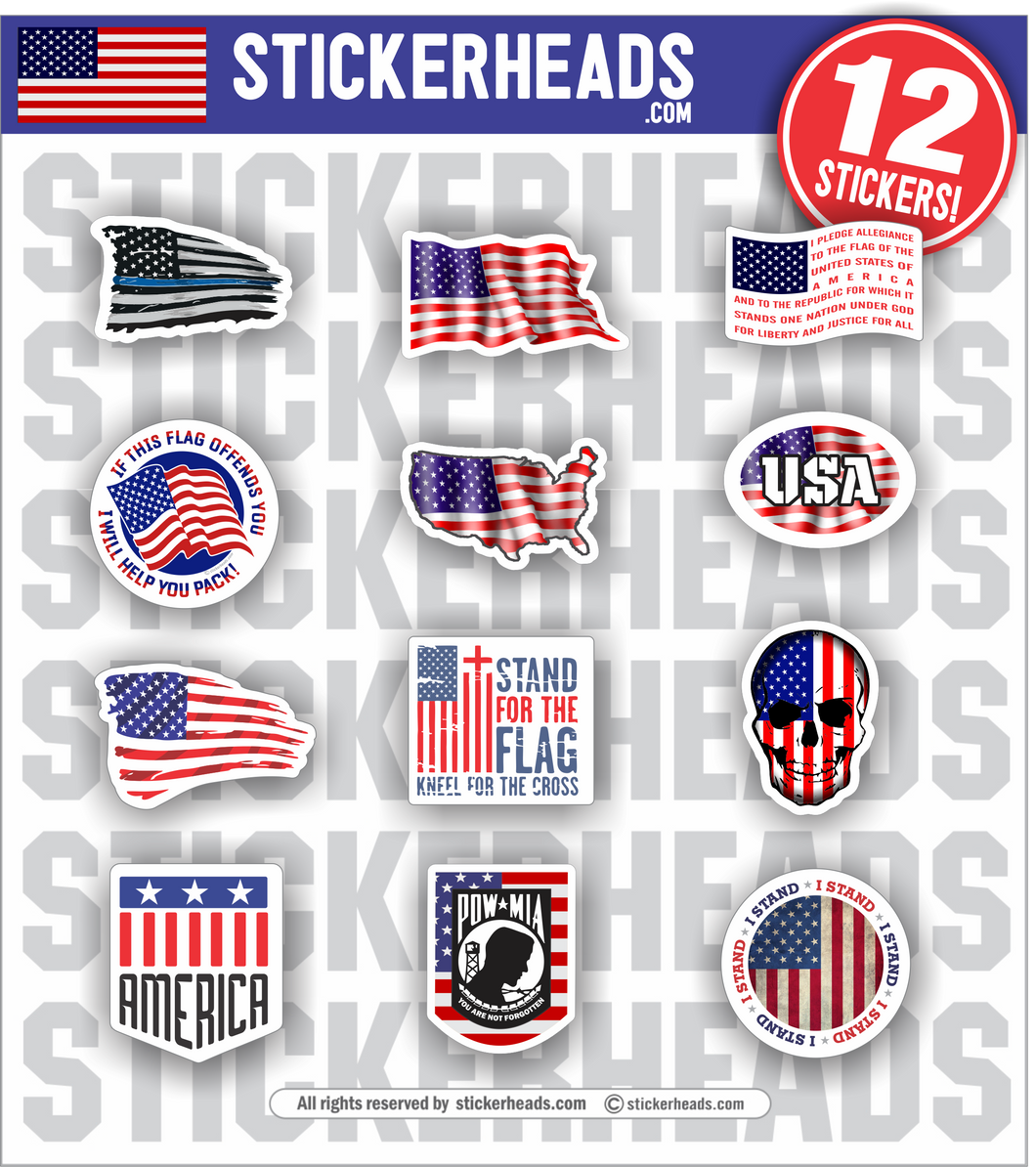 USA US - Patriotic - 12 Pack Stickers