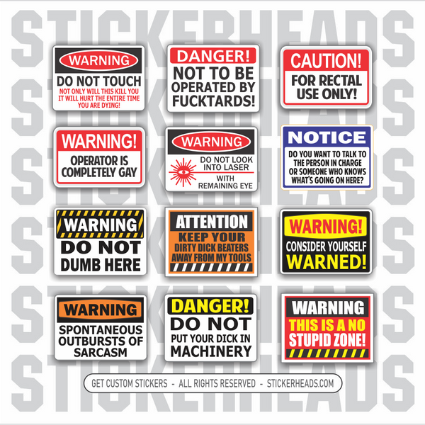 Funny WARNING Stickers - warning 12 Pack Stickers