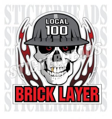 Skull With Flames -  Bricklayer - Custom Text - Concrete Brick Mason Sticker