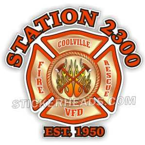 Station Number Custom Gold Fireman Maltese Cross - Fire  Firefighter Sticker